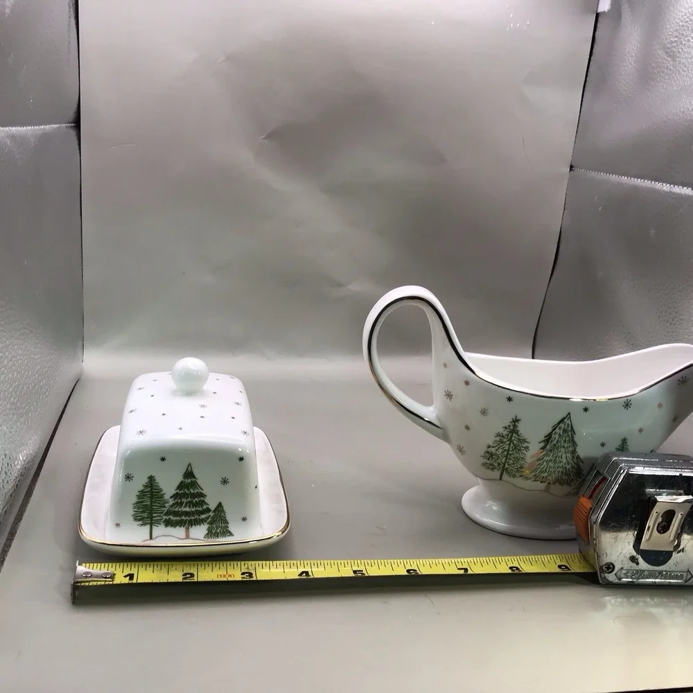 Grace Teaware Porcelain Butter Dish And Gravy Boat Trees And Snow And Gold Trim - Picture 14 of 16